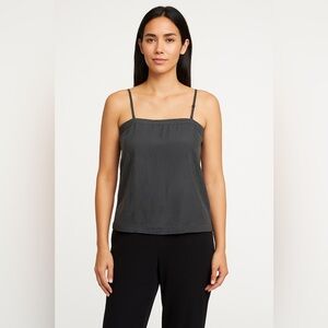 100% SILK Eileen Fisher Petite Large Gray Camisole Tank Top with Lace Trim